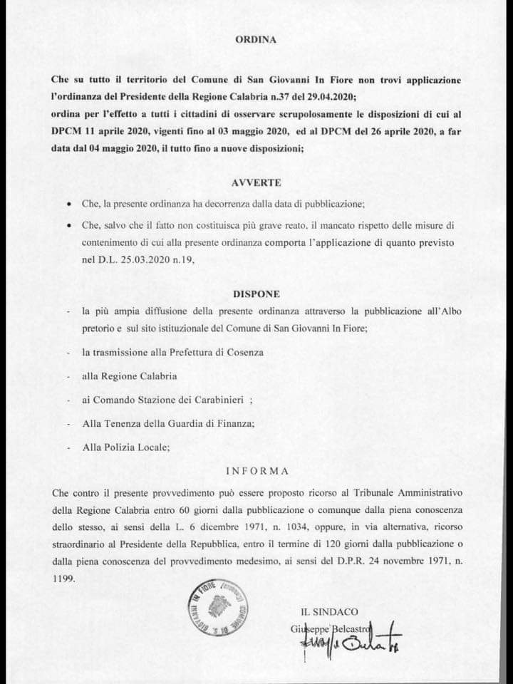 Belcastro annulla Santelli: qui la sua ordinanza non vale, rispettiamo le norme nazionali