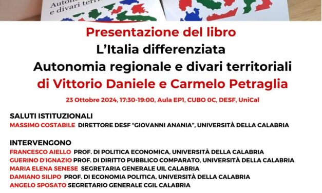 23 Ottobre. Presentazione del libro L’Italia Differenziata. Autonomia regionale e divari regionali