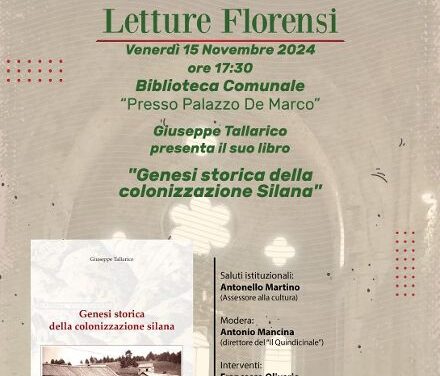 VENERDI’ 15 ORE 17,30 PRESSO LA BIBLIOTECA COMUNALE PRESENTAZIONE LIBRO “GENESI DELLA COLONIZZAZIONE DELLA SILA” DI GIUSEPPE TALARICO